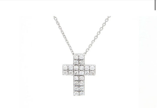 14K YELLOW GOLD CROSS ROUND MICRO PAVE DIAMOND NECKLACE