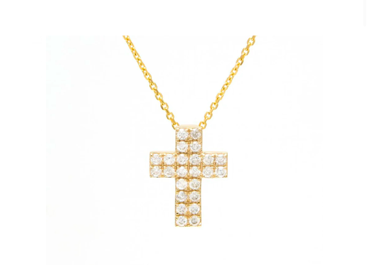 14K YELLOW GOLD CROSS ROUND MICRO PAVE DIAMOND NECKLACE