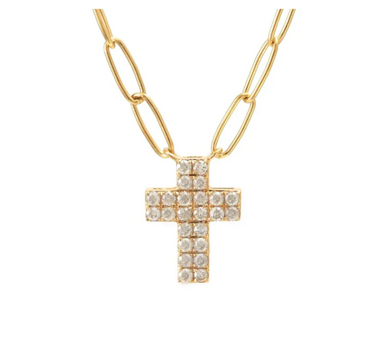 14K PAPER CLIP CROSS FULL MICRO PAVE DIAMOND NECKLACE