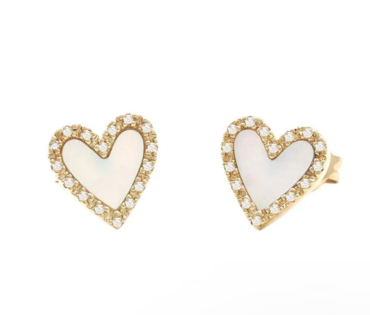 14K MOTHER OF PEARL AND DIAMOND HEART SHAPE EARRING