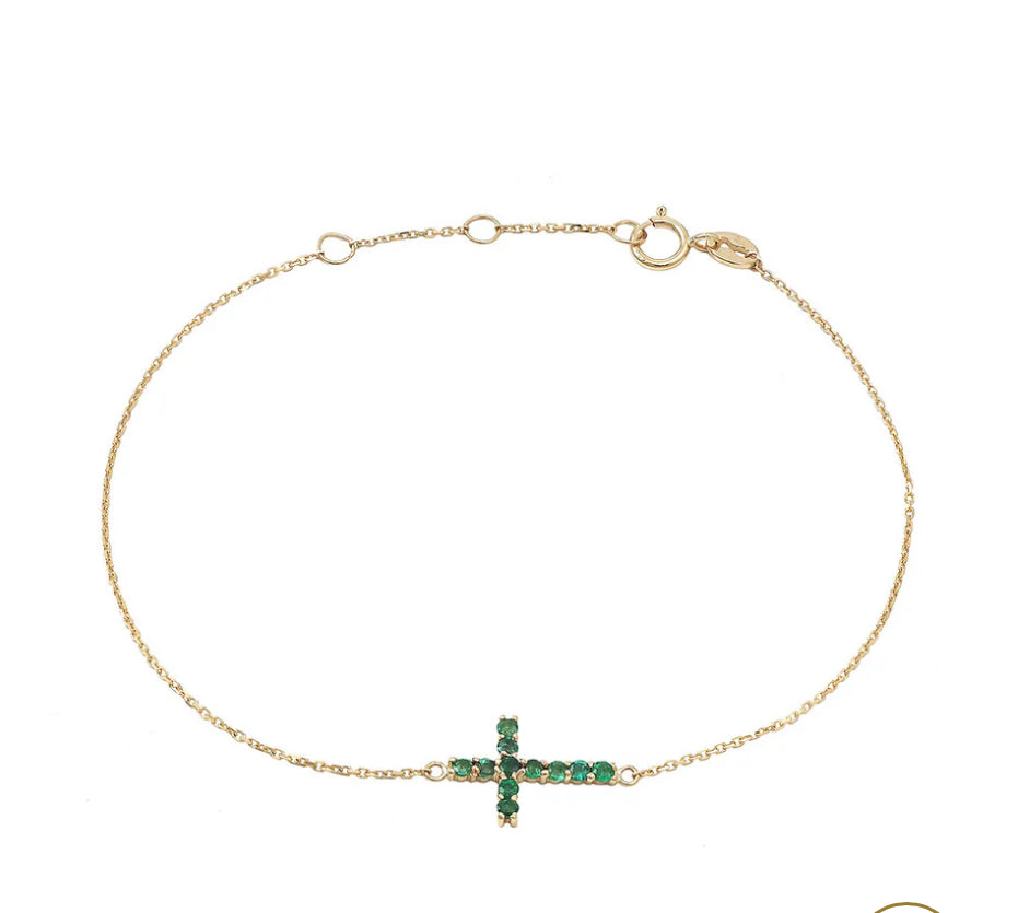 14K YELLOW GOLD CROSS ROUND PRONG BRACELET