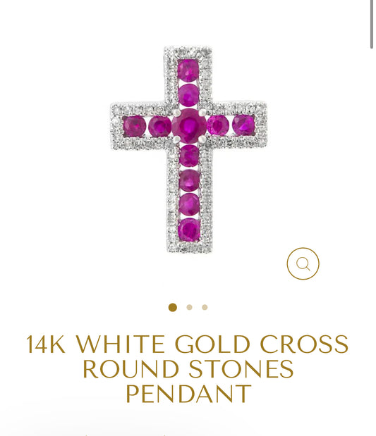 14K WHITE GOLD CROSS ROUND STONES PENDANT