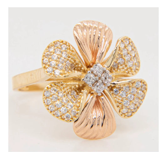 Flower Cz Rose and yellow gold ring