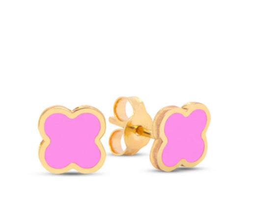 14K GOLD SYNTHETIC PINK 5MM TREBOL EARRINGS