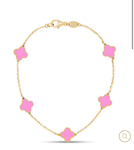 14K GOLD SYNTHETIC PINK TREBOL BRACELET (small flowers)